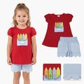 GSSO3727 Pen Embroidery Red Top Blue Scallop Shorts Girls Back to School Cotton Clothes Set