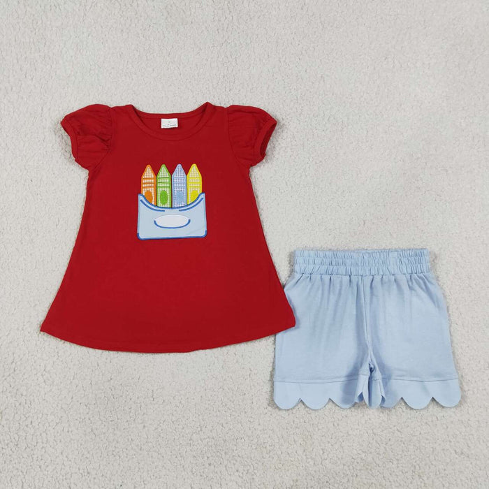 GSSO3727 Pen Embroidery Red Top Blue Scallop Shorts Girls Back to School Cotton Clothes Set