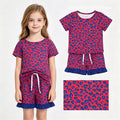 GSSO3811 Red Blue Leopard Top Pockets Shorts Girls Summer Clothes Set
