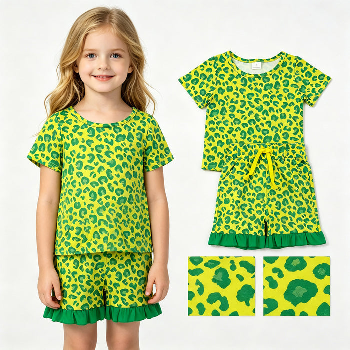 GSSO3812 Yellow Green Leopard Top Pockets Shorts Girls Summer Clothes Set