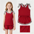 GSSO3820 Teams Grey Bow Vest Top Wine Pockets Shorts Girls Cotton Summer Clothes Set