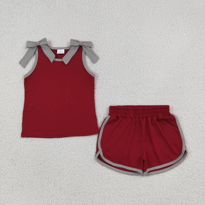 GSSO3820 Teams Grey Bow Vest Top Wine Pockets Shorts Girls Cotton Summer Clothes Set