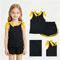 GSSO3823 Teams Gold Bow Vest Top Black Pockets Shorts Girls Cotton Summer Clothes Set