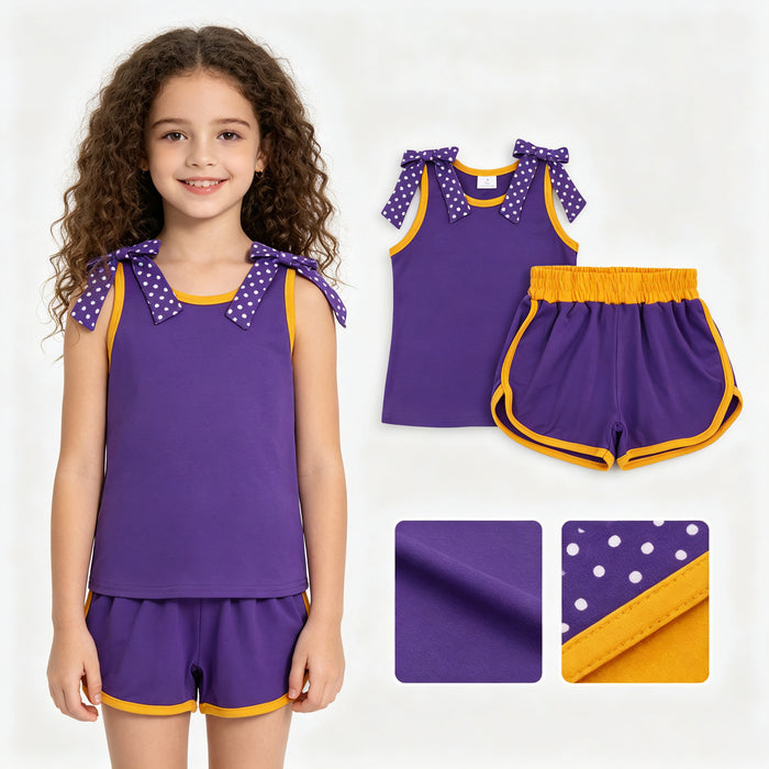 GSSO3826 Teams Purple Dots Bow Vest Top Pockets Shorts Girls Cotton Summer Clothes Set