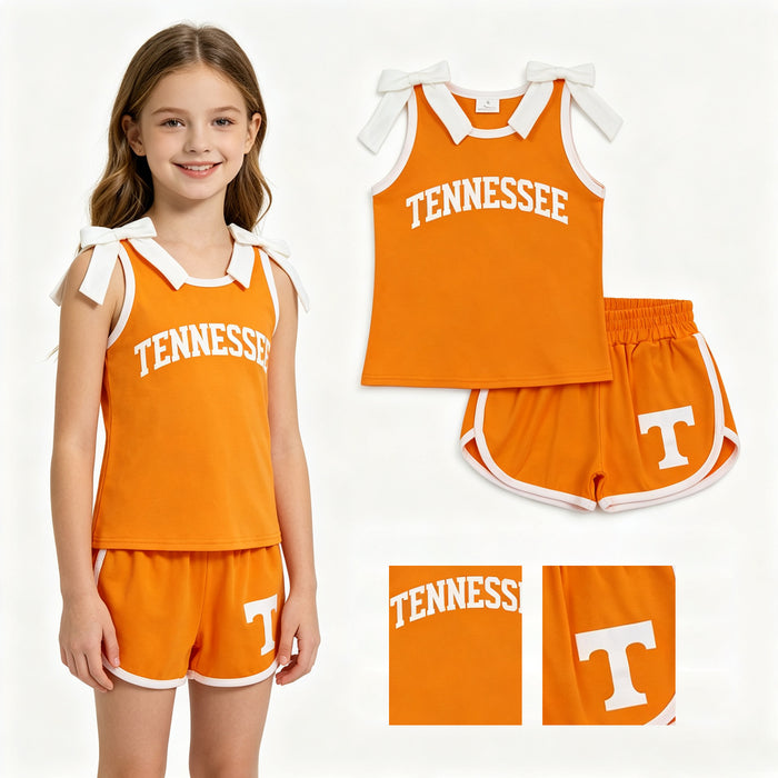 GSSO3829 Teams Tennessee Vinyl Bows Orange Vest Top Pockets Shorts Girls Cotton Clothes Set