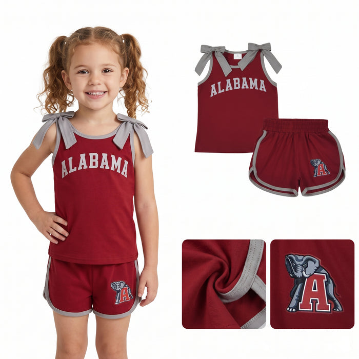 GSSO3831 Teams Alabama Vinyl Bows Wine Vest Top Pockets Shorts Girls Cotton Clothes Set