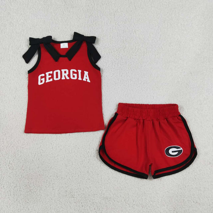 GSSO3834 Teams Georgis Vinyl Bows Purple Vest Top Pockets Shorts Girls Cotton Clothes Set