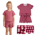 GSSO3836 Wine Checkered Print Pockets Shorts Girls Summer Scallop Clothes Set