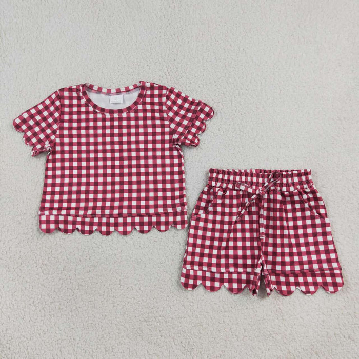 GSSO3836 Wine Checkered Print Pockets Shorts Girls Summer Scallop Clothes Set