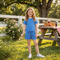 GSSO3837 Royalblue Checkered Print Pockets Shorts Girls Summer Scallop Clothes Set