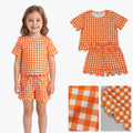 GSSO3839 Orange Checkered Print Pockets Shorts Girls Summer Scallop Clothes Set