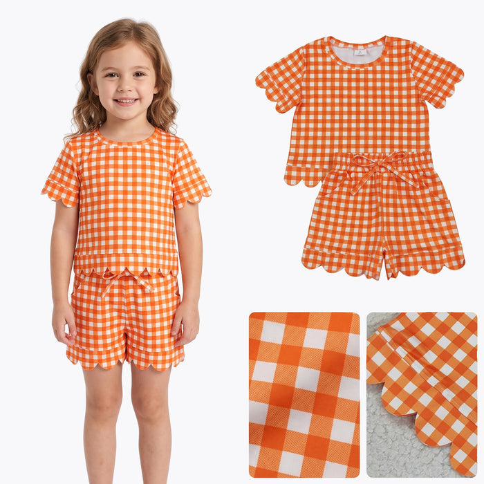 GSSO3839 Orange Checkered Print Pockets Shorts Girls Summer Scallop Clothes Set