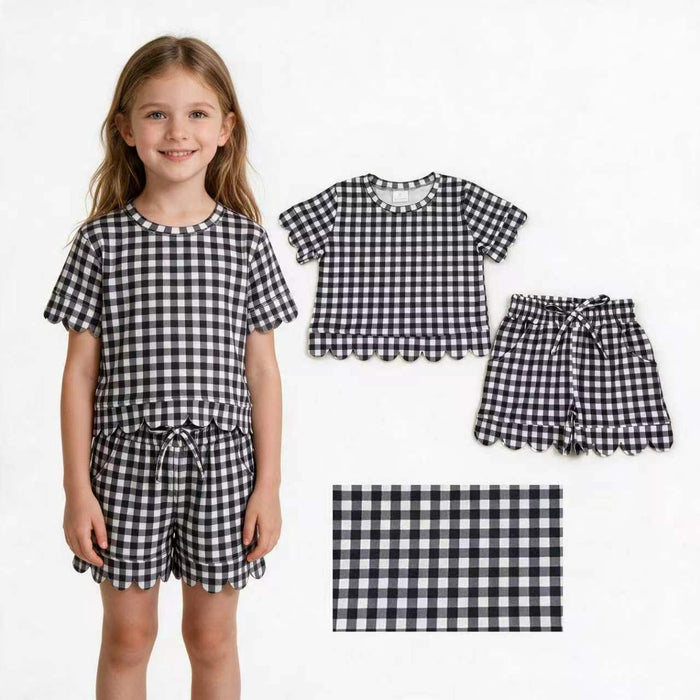 GSSO3842 Black Checkered Print Pockets Shorts Girls Summer Scallop Clothes Set