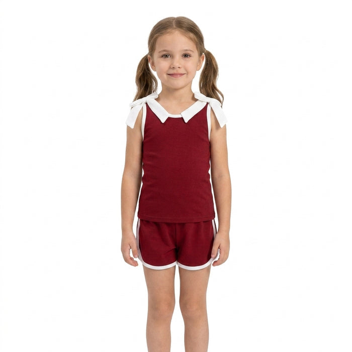 GSSO3855 Teams White Bow Vest Top Wine Pockets Shorts Girls Cotton Summer Clothes Set