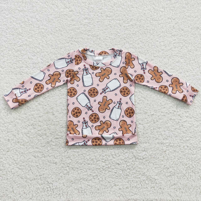 GT0220 Gingerbread Cookies Milk Print Girls Christmas Tee Shirts Top