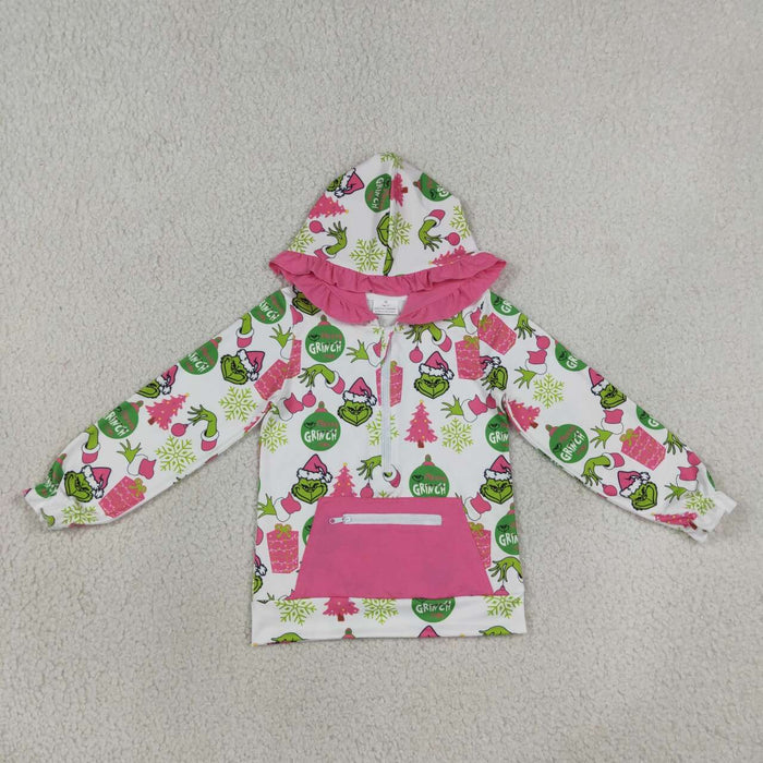 GT1164 Green Frog Pink Girls Christmas Long Sleeve Zipper Pocket Hoodie Top