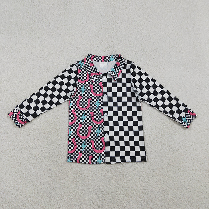 GT1509 Horse Shoes Plaid Print Girls Long Sleeve Button Tee Shirts Top