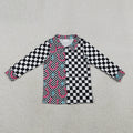 GT1509 Horse Shoes Plaid Print Girls Long Sleeve Button Tee Shirts Top