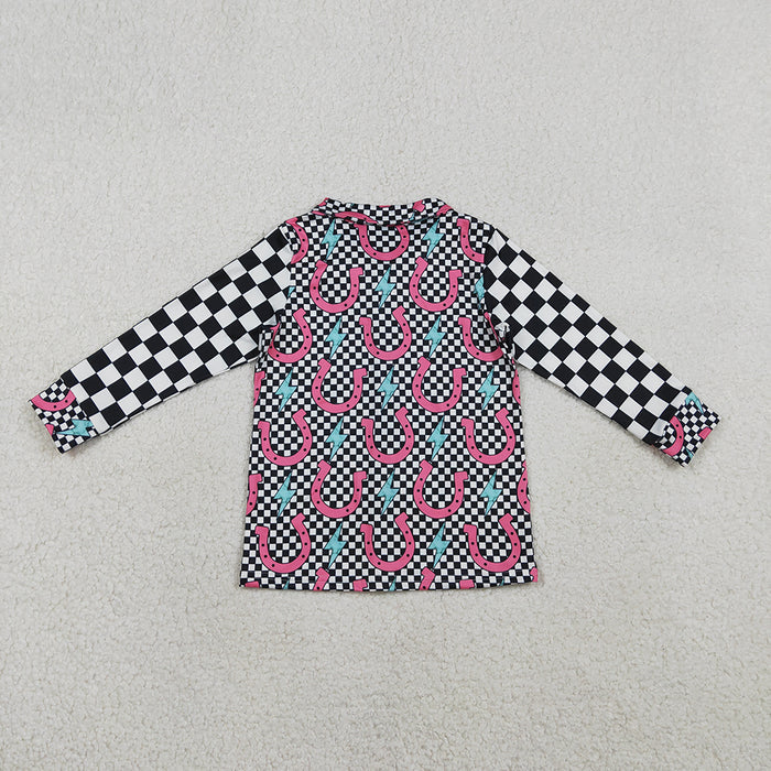 GT1509 Horse Shoes Plaid Print Girls Long Sleeve Button Tee Shirts Top