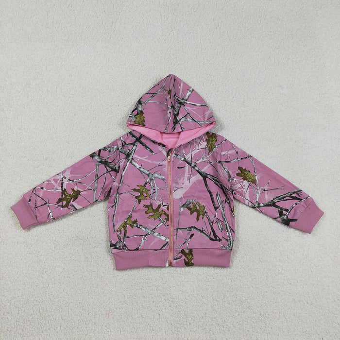 GT1591 Pink Branch Camo Print Girls Zipper Pockets Hoodie Jackets Top