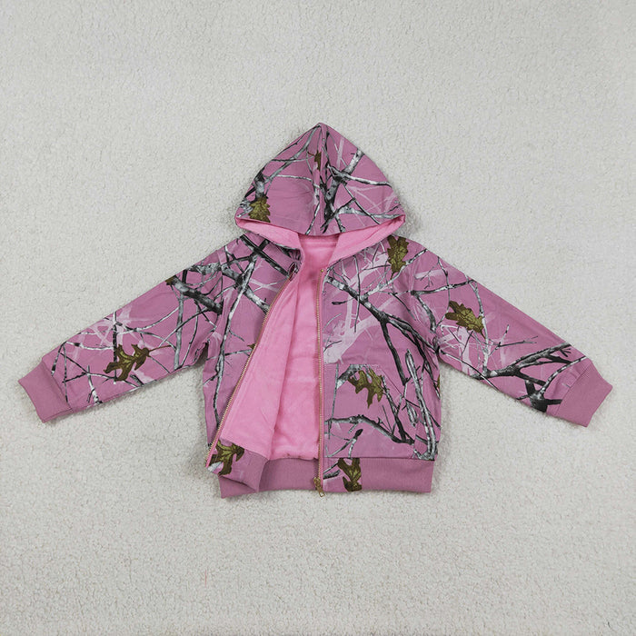GT1591 Pink Branch Camo Print Girls Zipper Pockets Hoodie Jackets Top