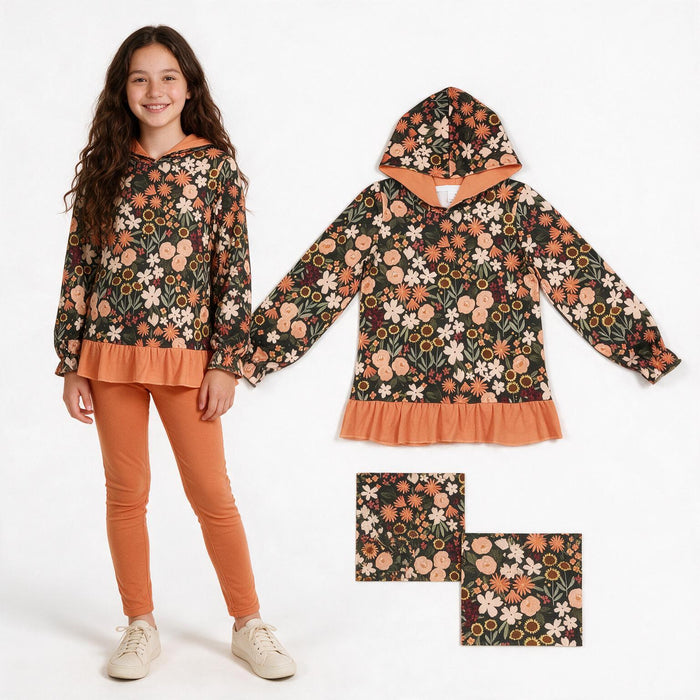 GT1644 Sunflower Floral Girls Ruffle Hoodie Top