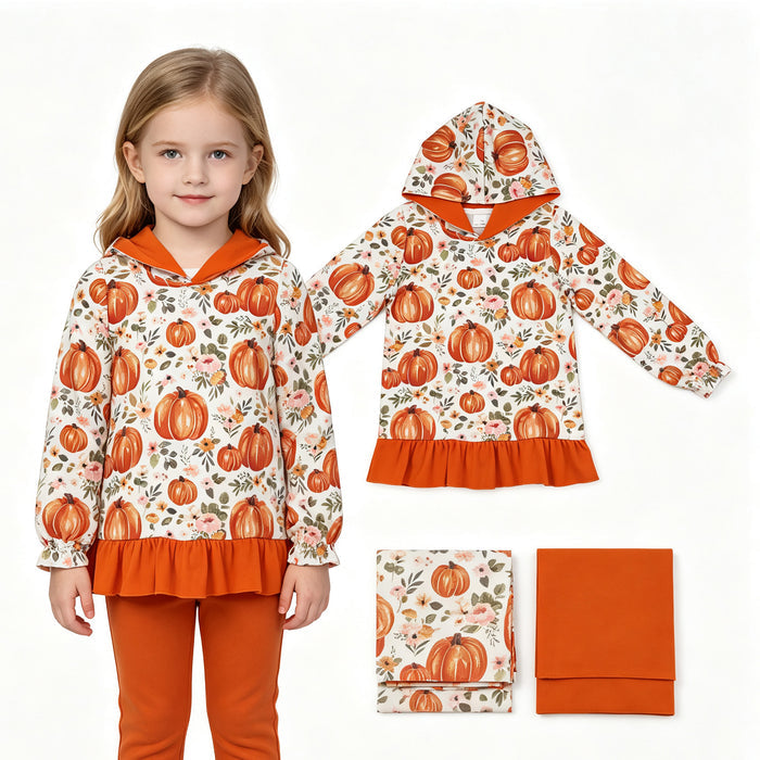 GT1647 Pumpkin Floral Print Girls Fall Ruffle Hoodie Top