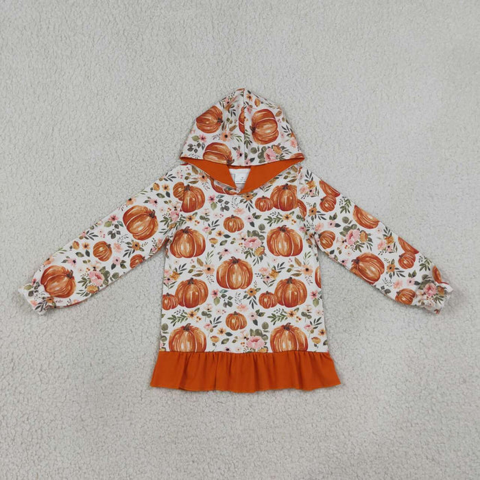 GT1647 Pumpkin Floral Print Girls Fall Ruffle Hoodie Top