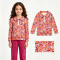 GT1652 Orange Pink Flowers Zipper Girls Long Sleeve Pullover Top