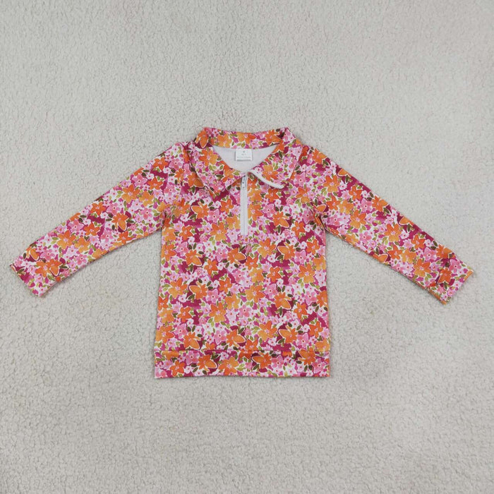 GT1652 Orange Pink Flowers Zipper Girls Long Sleeve Pullover Top