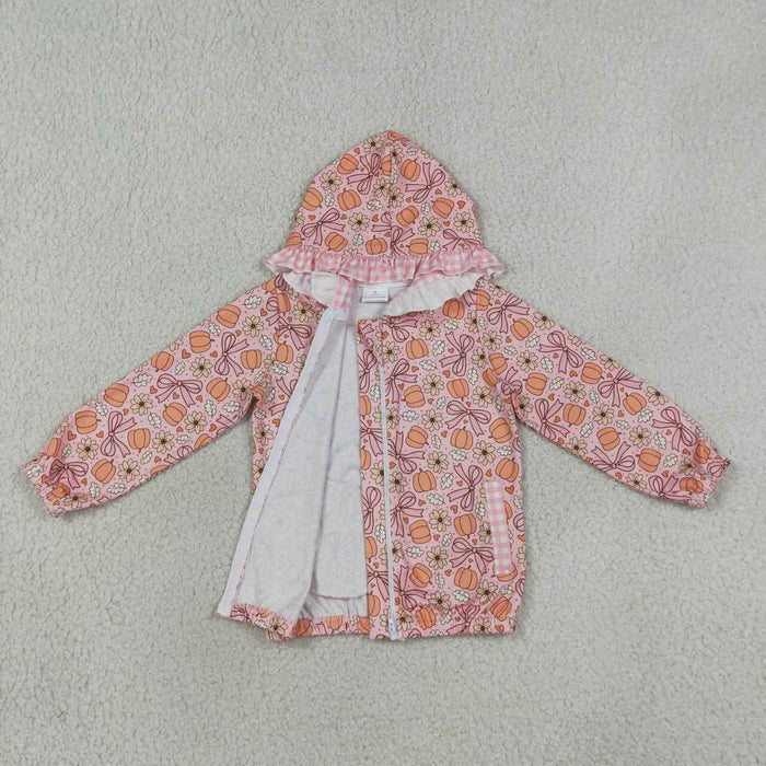 GT1661 Pumpkin Flowers Bows Print Girls Full Zipper Pockets Hoodie Jacket Top