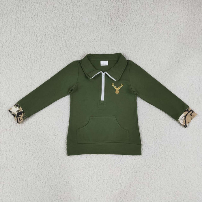 GT1694 Deer Embroidery Green Kids Long Sleeve Zipper Pocket Pullover Top