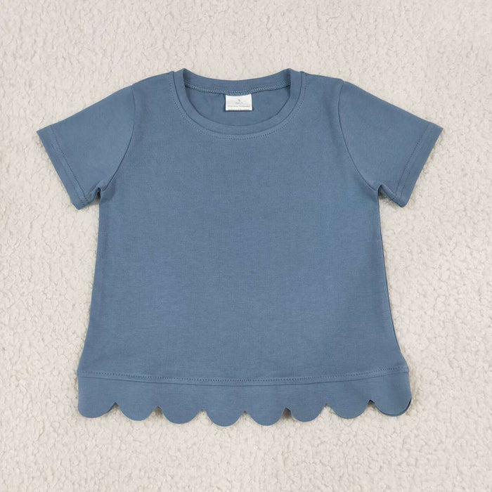 GT1769 Blue Cotton Girls Scallop Edge Short Sleeve T-shirts Top