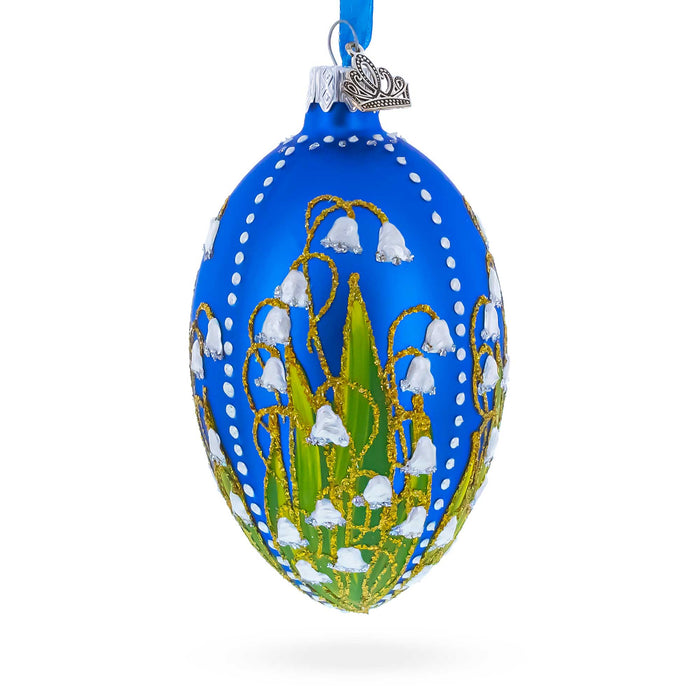 Hand-Painted 1898 Lilies of the Valley Royal in Blue German Glass Egg Ornament — 4 Inches