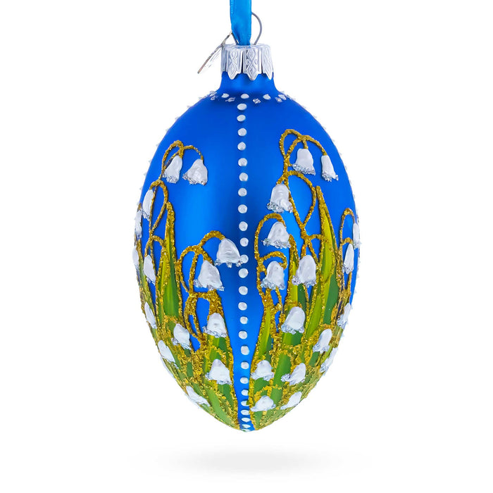 Hand-Painted 1898 Lilies of the Valley Royal in Blue German Glass Egg Ornament — 4 Inches