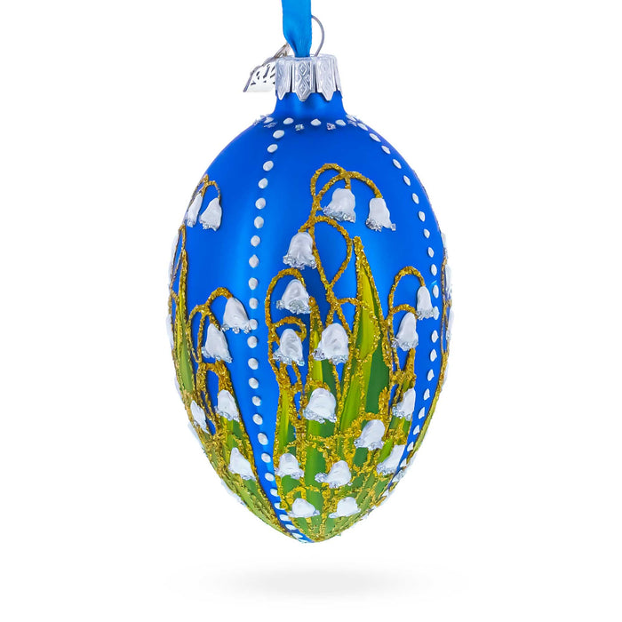 Hand-Painted 1898 Lilies of the Valley Royal in Blue German Glass Egg Ornament — 4 Inches