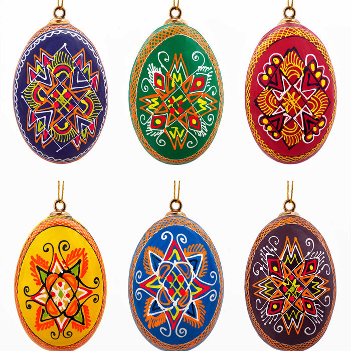 Hand-Painted Wooden Ukrainian Egg Ornaments — Set of 6 — 2.5 Inches