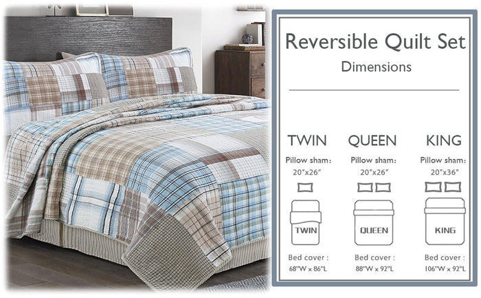 Hank Real Patchwork Blue 3-piece Cotton Reversible Quilt Bedding Set