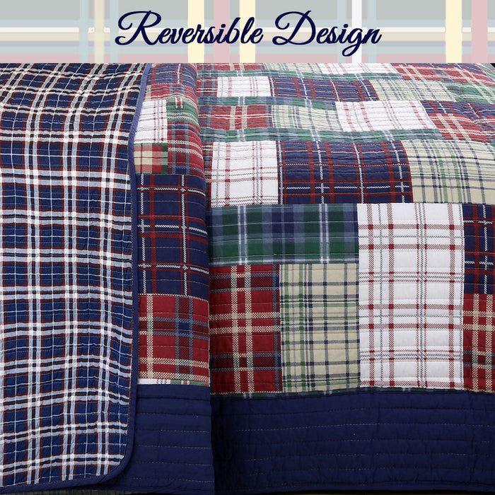 Hepler Plaid Print Patchwork Cotton Reversible Quilt Bedding Set