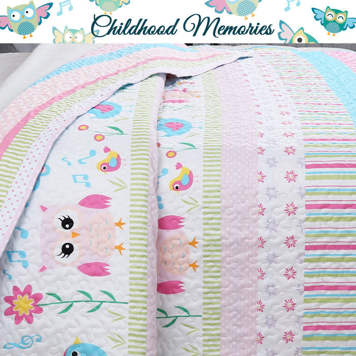 Home Sweet Pink Owl Print Stripe Girl Reversible Quilt Bedding Set