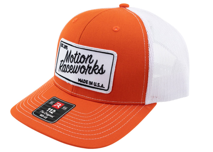 Hugger Orange and White Motion Raceworks Patch Hat