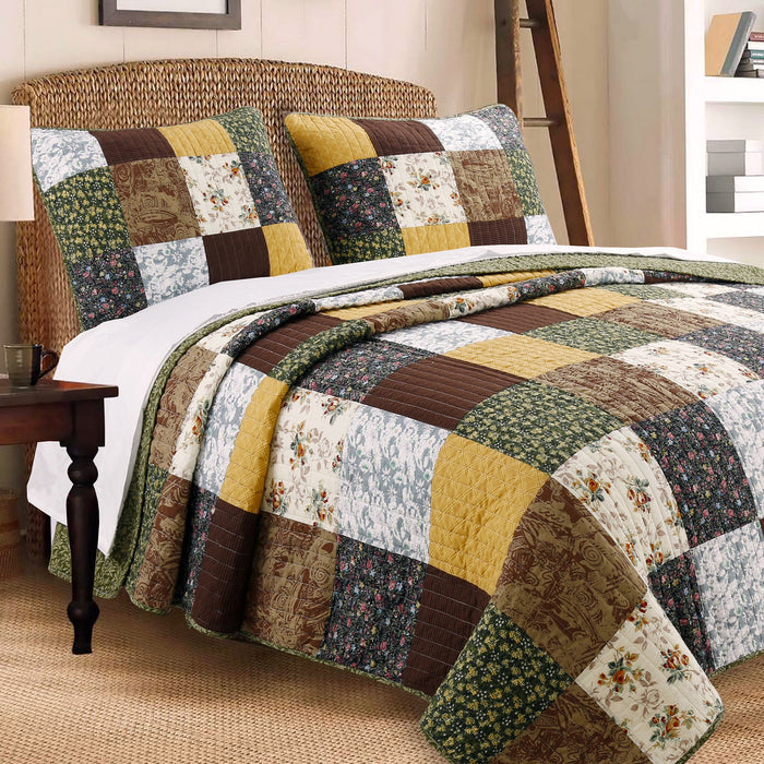 Huitt - Real Patchwork  -Cotton 3-Piece Reversible Quilt Bedding Set