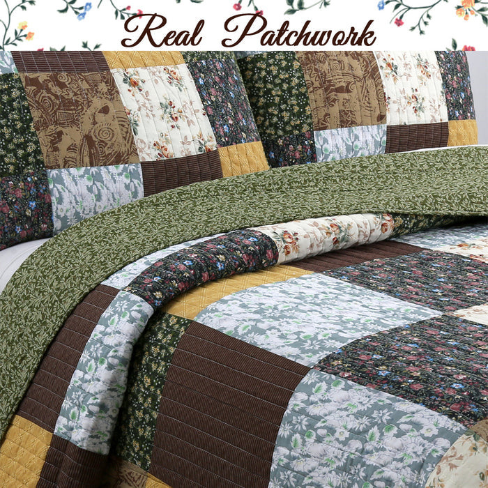 Huitt - Real Patchwork  -Cotton 3-Piece Reversible Quilt Bedding Set