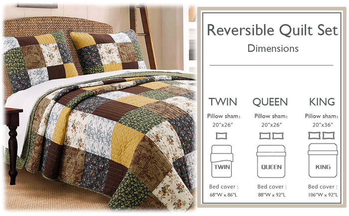 Huitt - Real Patchwork  -Cotton 3-Piece Reversible Quilt Bedding Set