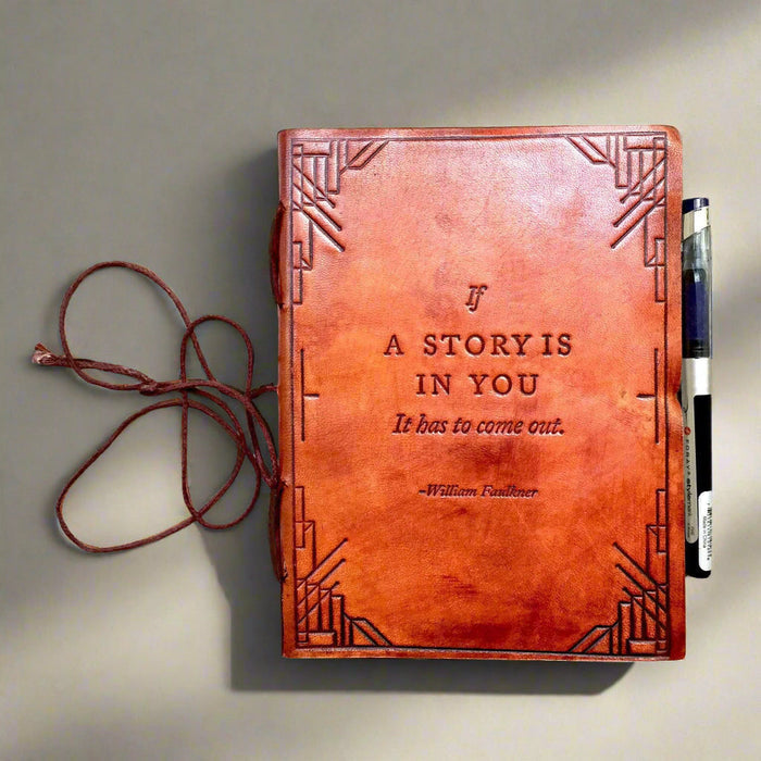 "If A Story" Handmade Leather Journal - 100% Handmade Paper - Sustainable, salvaged leather cover