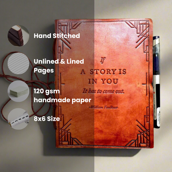 "If A Story" Handmade Leather Journal - 100% Handmade Paper - Sustainable, salvaged leather cover