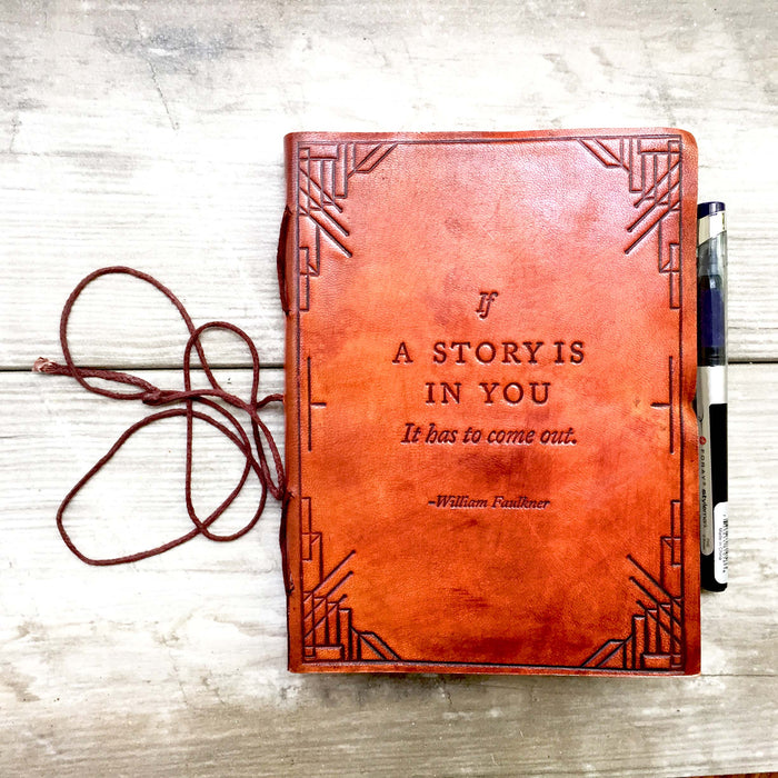"If A Story" Handmade Leather Journal - 100% Handmade Paper - Sustainable, salvaged leather cover