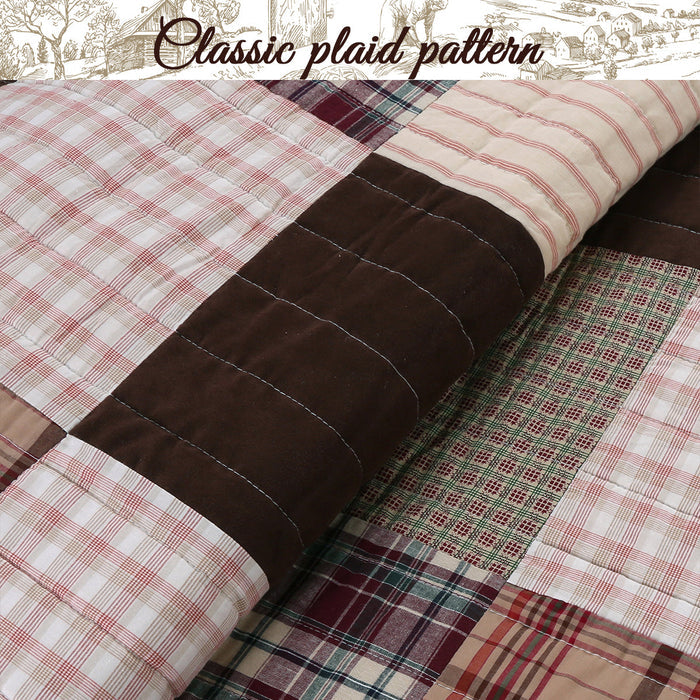 Jakob Plaid Brody Brown Real Patchwork Cotton Reversible Quilt Bedding Set