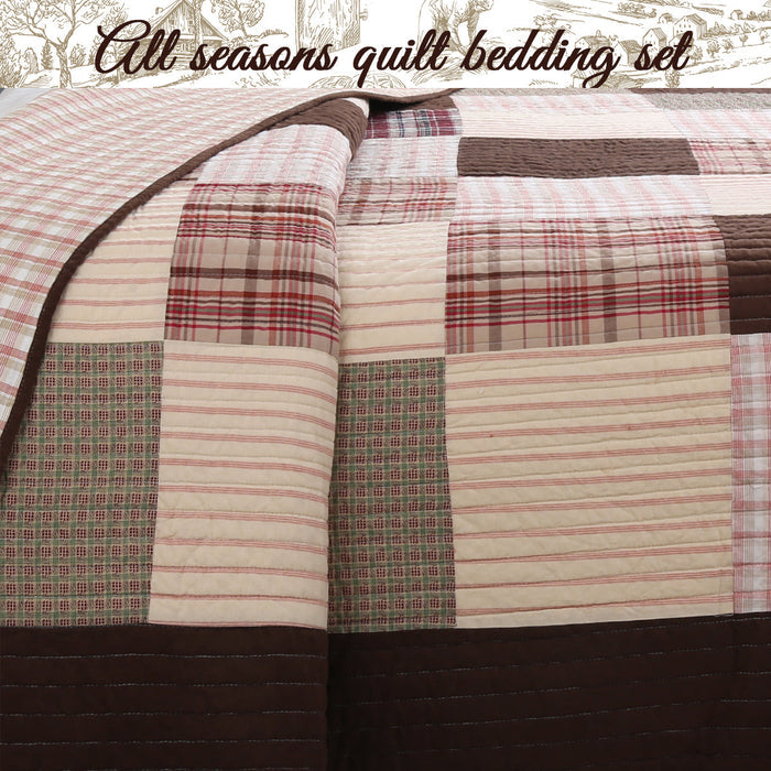 Jakob Plaid Brody Brown Real Patchwork Cotton Reversible Quilt Bedding Set