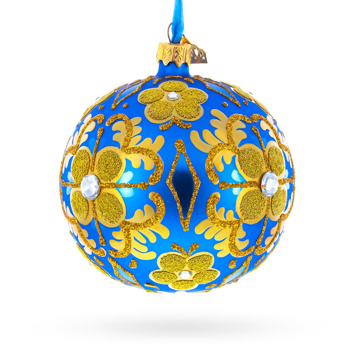 Jeweled Golden Leaves on Blue Glass  Ball Christmas Ornament 4 Inches